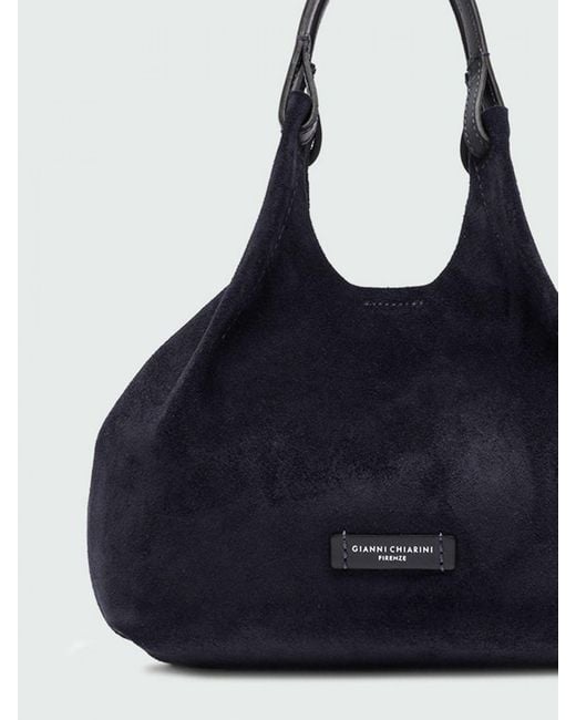 Gianni Chiarini Blue Dua Suede Calfskin Handbag With Double Handle And Laminated Logo