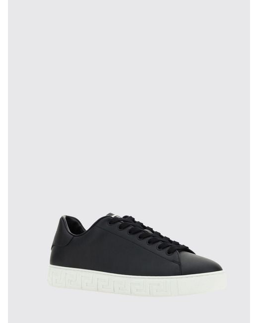 Versace Black Greca Smooth Calfskin Sneakers By With Lettering Logo for men