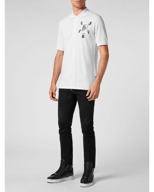 Philipp Plein White Slim Fit Cotton Polo Shirt With Skull Print And Logo for men