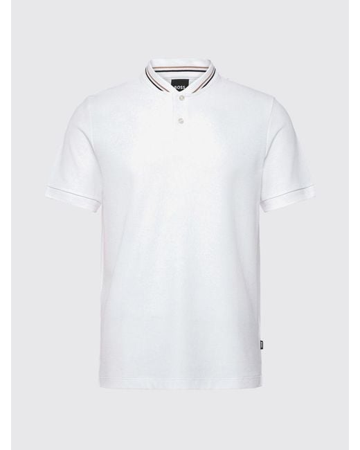 Boss White Cotton Polo Shirt With Striped Collar for men