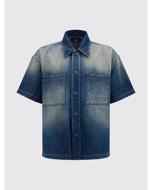 Amiri Blue Short-Sleeve Vintage Denim Shirt With Embroidered Logo And Patch Pockets for men