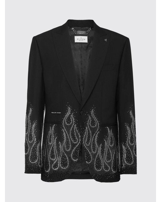 Philipp Plein Black Blazer With Crystal Flames for men