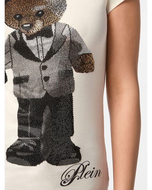 Philipp Plein Natural Slim Fit Teddy Bear Print Cotton T-Shirt With Rhinestones