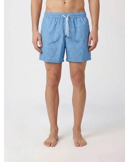 Fedeli Blue Polyester Swimsuit With Seahorse Print for men