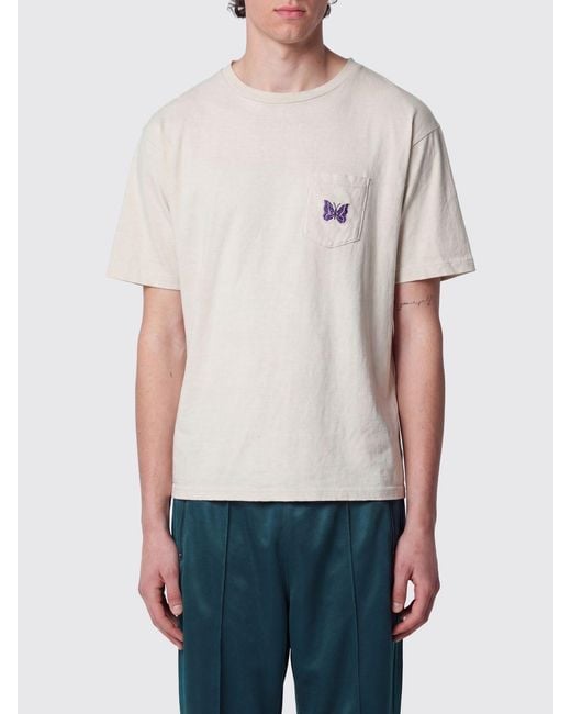 Needles Natural Relaxed Fit Cotton T-Shirt With Embroidered Butterfly On The Chest for men