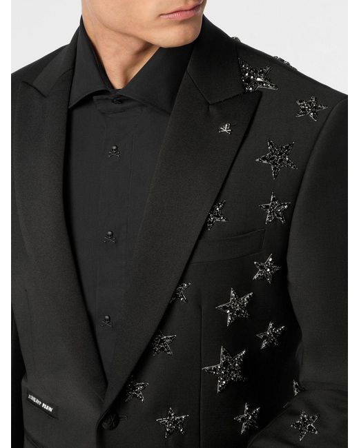 Philipp Plein Black Single Breasted Wool Blazer With All Over Crystal Stars for men