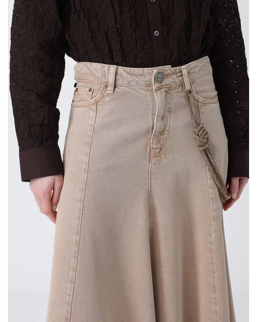 Pinko Natural Lyocell And Denim Skirt With Jewel Belt