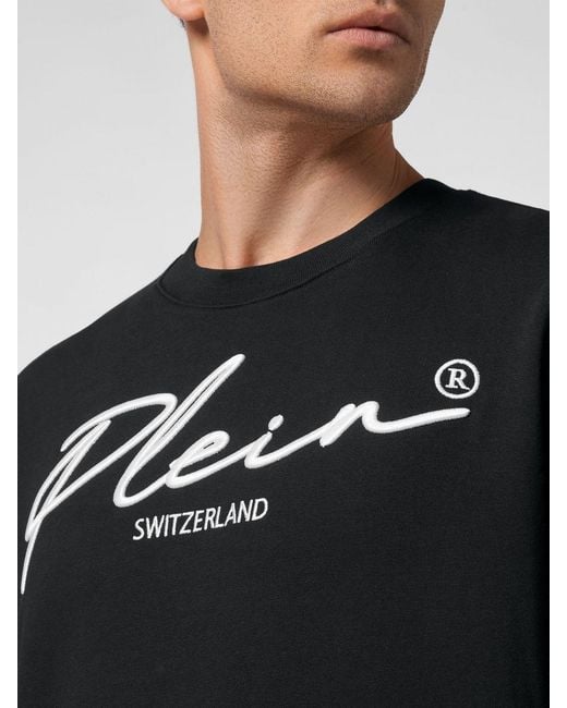 Philipp Plein Black Cotton Crewneck Sweatshirt With Dropped Shoulders And Contrast Logo for men