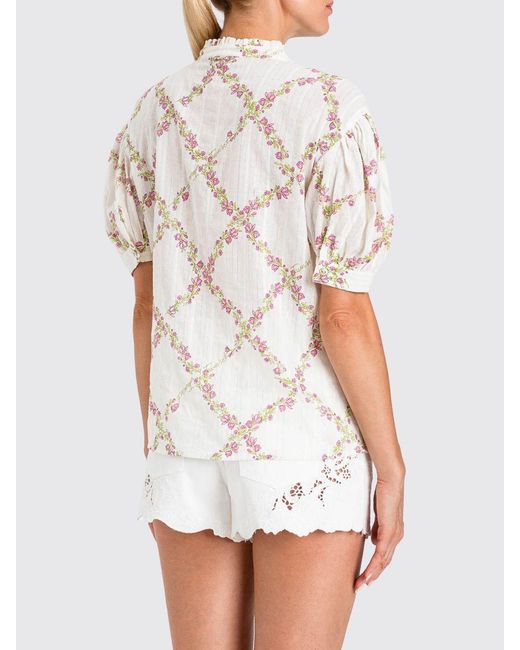 Twinset White Floral Print Cotton Shirt With Puff Sleeves