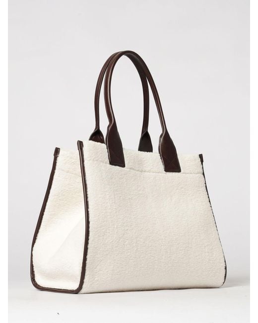 Ganni Natural Shearling And Recycled Leather Tote Bag With Embroidered Logo