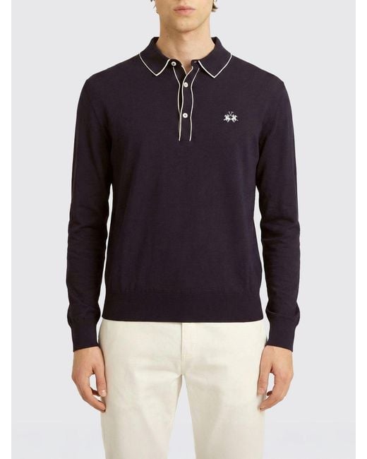 La Martina Blue Cotton And Silk Polo With Logo for men