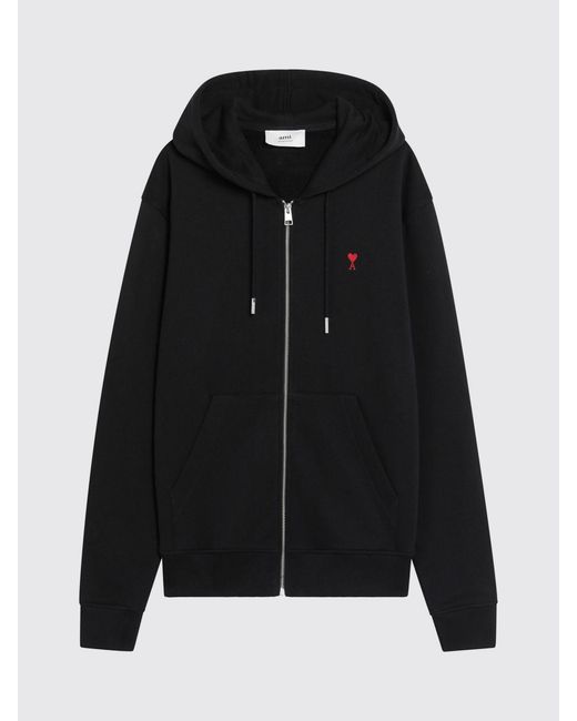 AMI Blue Cotton Zip-Up Hoodie With Embroidered Logo And Kangaroo Pocket