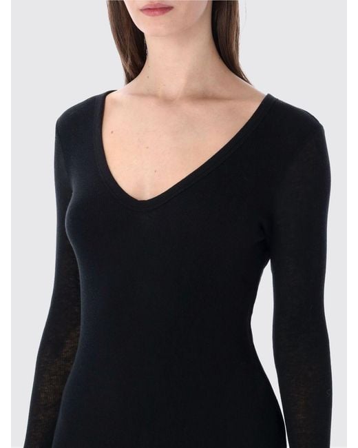 James Perse Black V-Neck Cotton And Cashmere Midi Sheath Dress