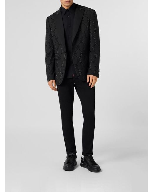 Philipp Plein Black Pp Rhinestone Single-Breasted Blazer for men