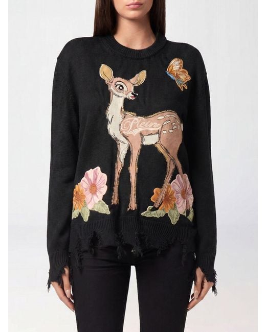 Philipp Plein Black Fairy Relaxed Fit Distressed Wool-Blend Crewneck Jumper