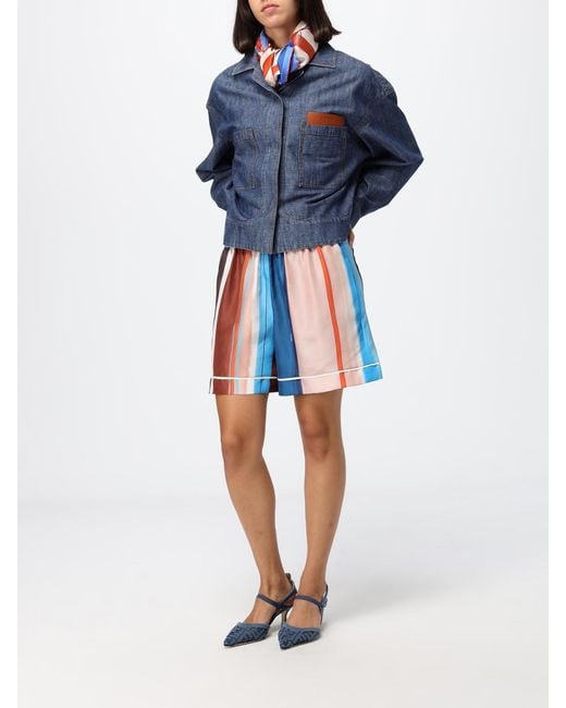Fendi Blue Cropped Shirt-Style Cotton Denim Jacket With Embossed Logo