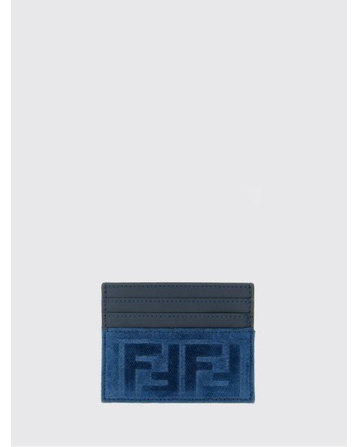 Fendi Blue Ff Velvet And Leather Card Holder