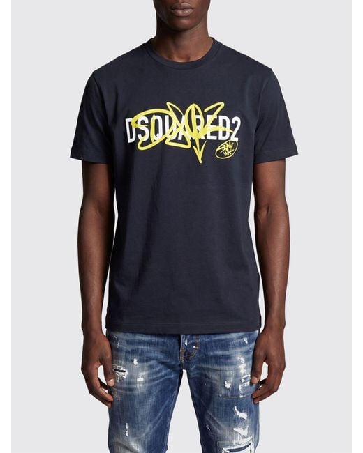 DSquared² Blue Slim Fit Cotton T-Shirt With Contrasting Logo Print for men