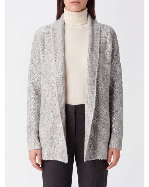 Avant Toi Gray Cashmere And Silk Cardigan With Shawl Collar And Sequin Embroidery