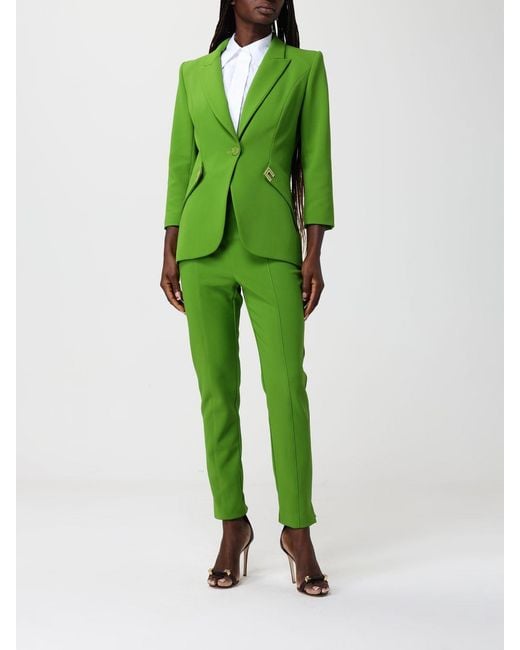 Elisabetta Franchi Green Double Stretch Crepe Trousers With Logo