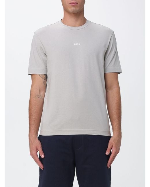 Boss Gray Crew Neck Stretch-Cotton T-Shirt With Contrast Chest Logo for men