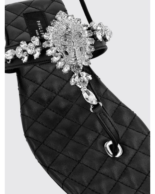 Philipp Plein White Leather Thong Sandals With Low Heel And Crystals