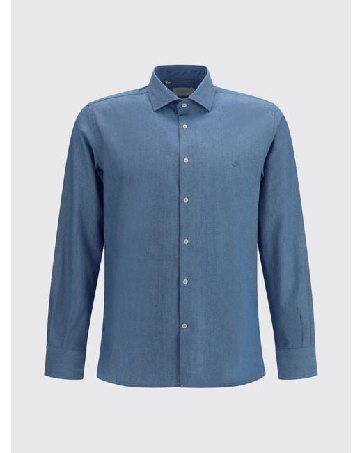 Brooksfield Blue Long-Sleeved Cotton Shirt With French Collar for men