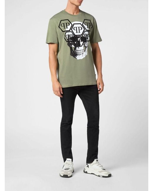 Philipp Plein Green Cotton T-Shirt With Skull Print And Rhinestone Hexagon Logo for men