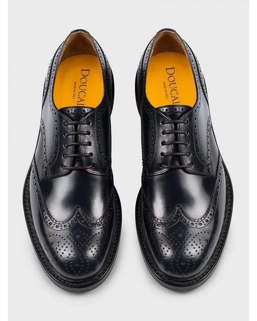 Doucal's Blue Brushed Leather Derby Shoes With Brogue Motif for men