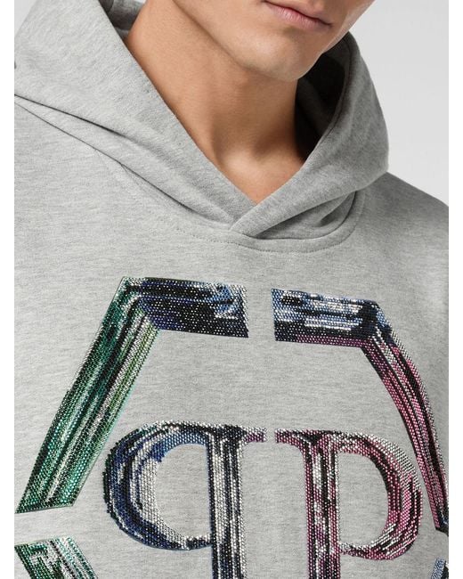 Philipp Plein Gray Cotton Hoodie With Hexagon Logo And Monogram for men