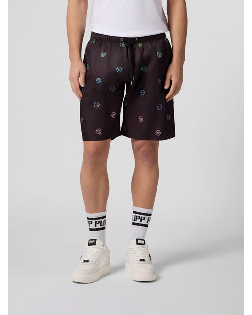 Philipp Plein Black Monogram Twill Jogging Shorts With Hexagon Logo for men