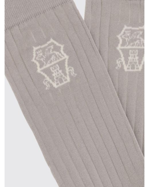 Brunello Cucinelli White Ribbed Cotton Socks With Logo for men
