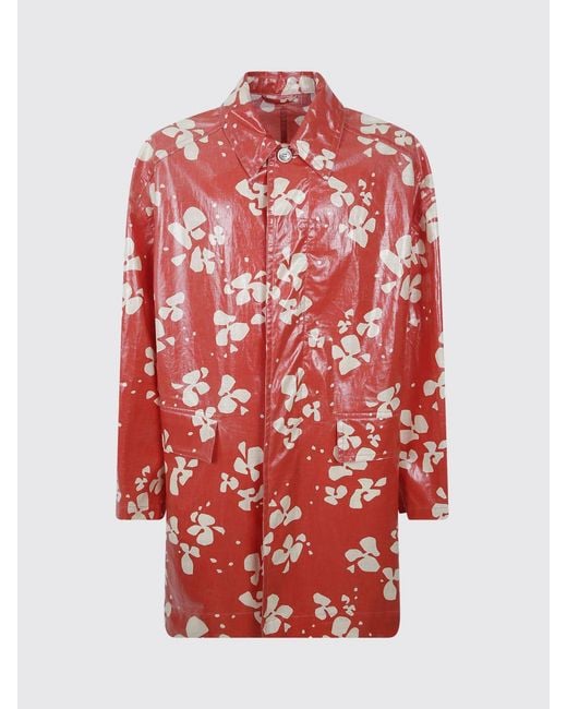 Dries Van Noten Red Abstract Print Waxed Cotton Shirt Jacket With Flap Pockets for men