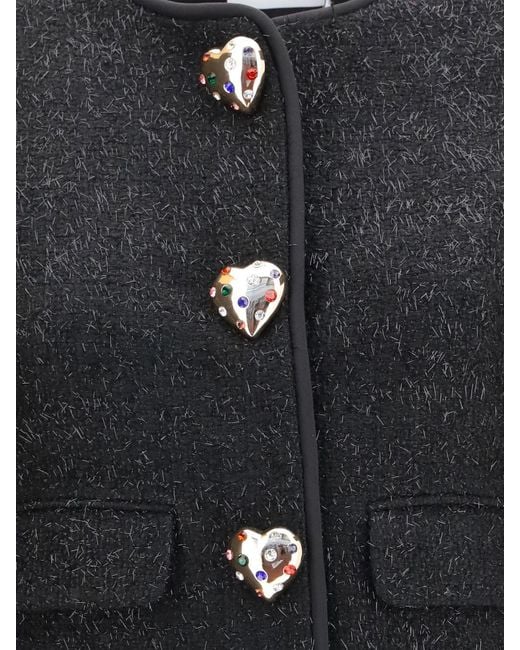 Self-Portrait Black Cropped Bouclé Blazer With Jewel Buttons And Fur Cuffs