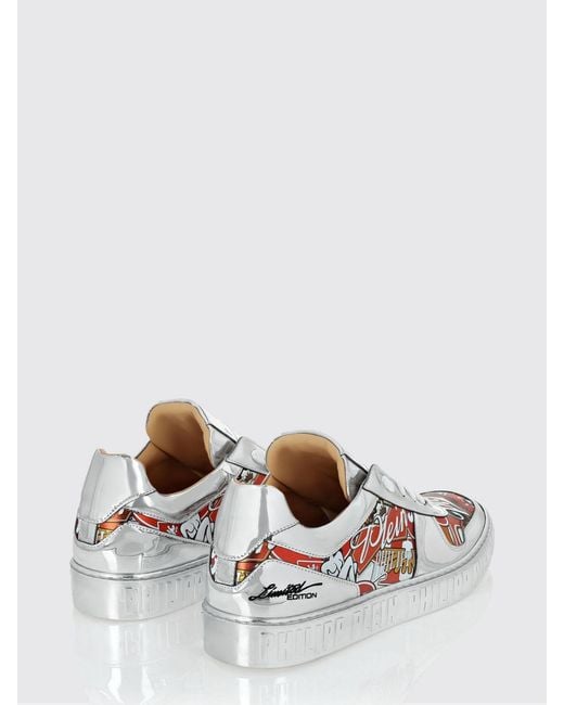 Philipp Plein White Laminated Patent Leather Sneakers With Graphic Print for men