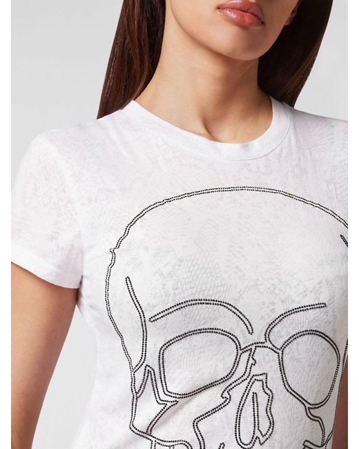 Philipp Plein White Slim Fit Cotton T-Shirt With Skull Print And Rhinestones