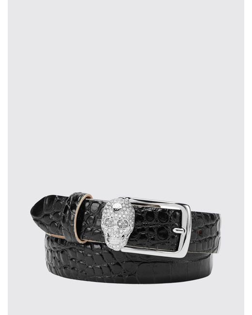 Philipp Plein Black Crocodile Print Leather Belt With Skull And Rhinestones