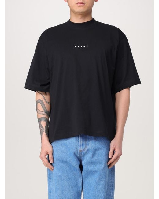 Marni Black Cotton T-Shirt With Logo Print for men
