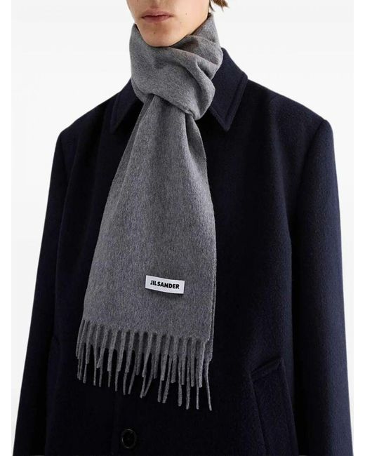 Jil Sander Gray Pure Virgin Wool Scarf With Fringed Edges And Logo for men