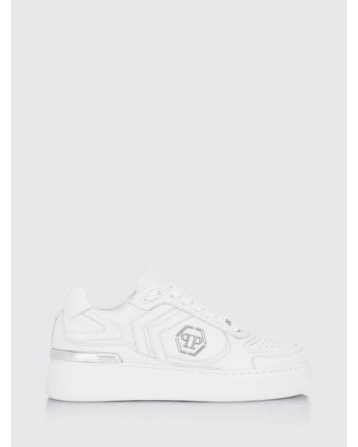 Philipp Plein White Pit-$Top Monogram Leather Low-Top Trainers With Hexagon Logo for men