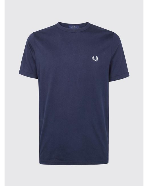 Fred Perry Blue Cotton T-Shirt With Embroidered Logo for men