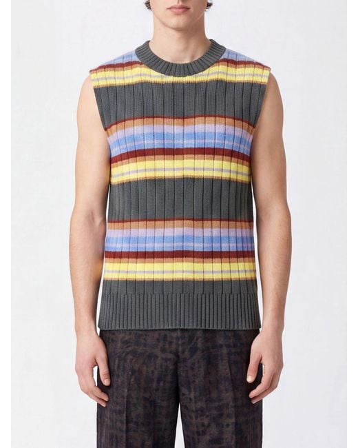 Dries Van Noten Blue Striped Cotton-Wool Blend Crewneck Sleeveless Jumper for men