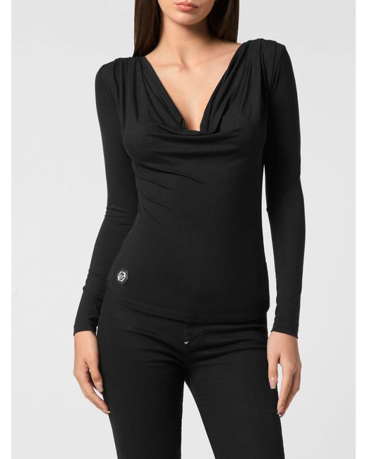 Philipp Plein Black Slim-Fit Modal-Blend Top With Draped V-Neck