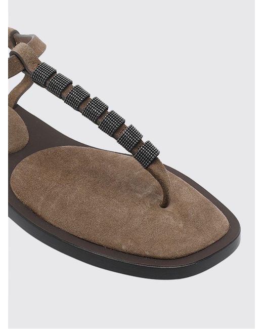 Brunello Cucinelli Brown Suede Thong Sandal With Monile