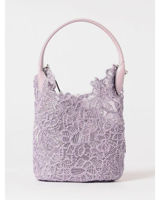 Ermanno Scervino Purple Embroidered Floral Motif Mesh Nylon And Raffia Bag