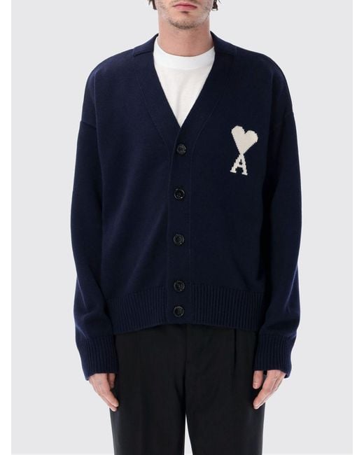 AMI Blue Wool And Cotton Cardigan With Logo for men