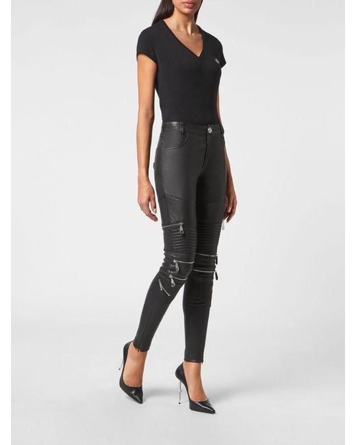 Philipp Plein Black Skinny Fit Leather Pants With Zips