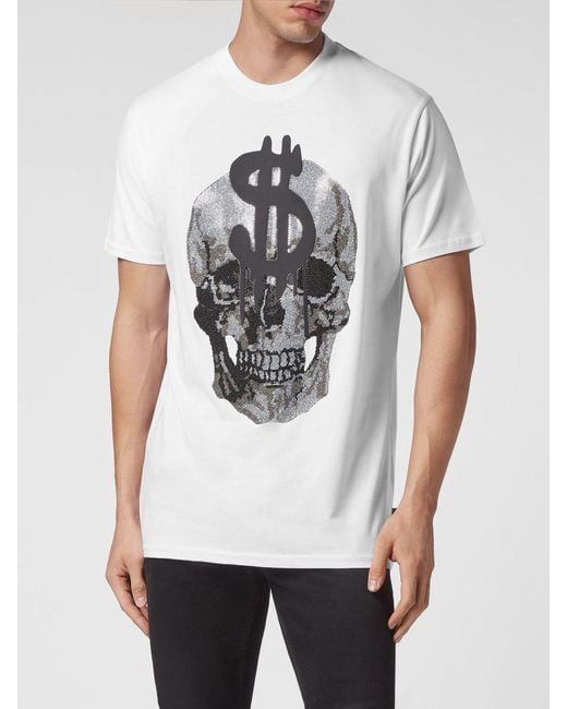 Philipp Plein White Cotton T-Shirt With Skull Print And Rhinestone Applications for men
