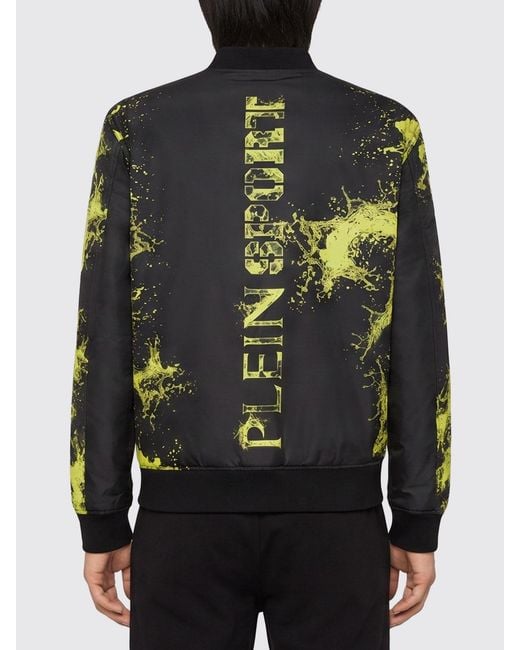 Philipp Plein Black Splash Abstract Print Technical Fabric Bomber Jacket With Contrast Logo for men