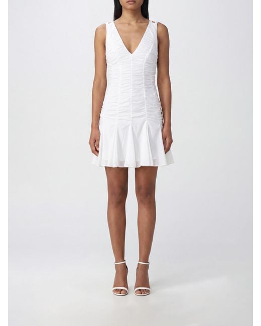 Giovanni bedin White A-Line Ruched Cotton Mini Dress With V-Neck And Off-Shoulder Design